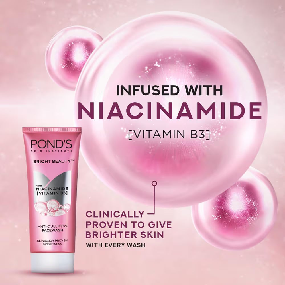 Ponds Bright Beauty Anti-Dullness & Brightening Facewash with Niacinamide | For Glass-Skin Like Shine and with 4X Visibly Brighter Skin, 150gm