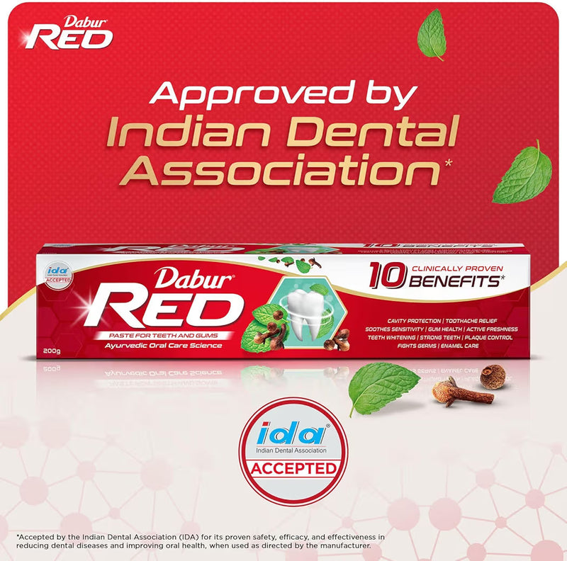 Dabur Red Paste - India's No.1 Ayurvedic Paste, Provides Protection Plaque Removal, Toothache, Yellow Teeth, Bad Breath-200+100g| Free toothbrush worth-40|