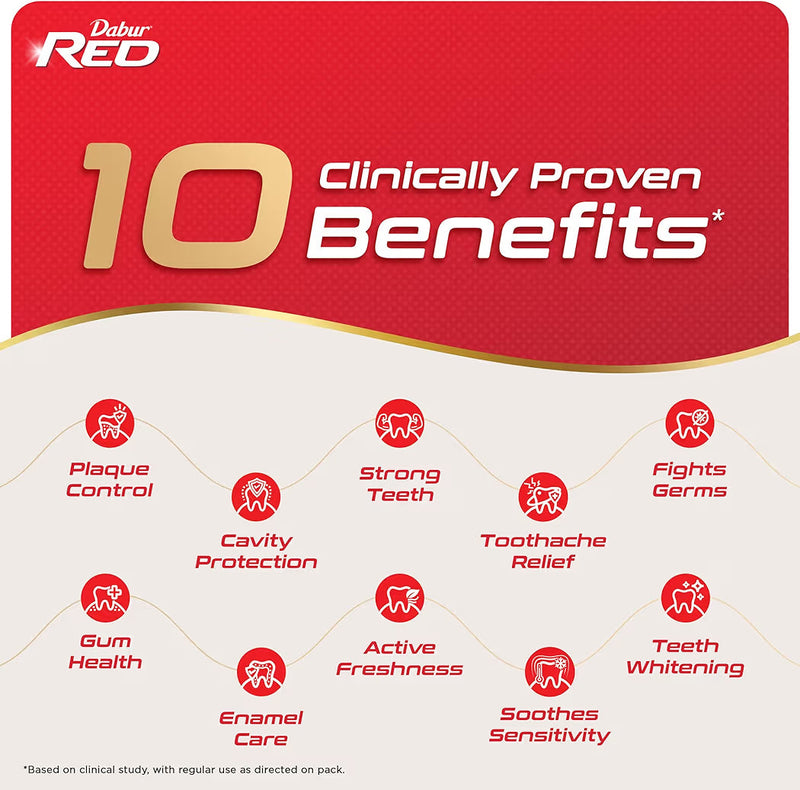 Dabur Red Paste - India's No.1 Ayurvedic Paste, Provides Protection Plaque Removal, Toothache, Yellow Teeth, Bad Breath-200+100g| Free toothbrush worth-40|