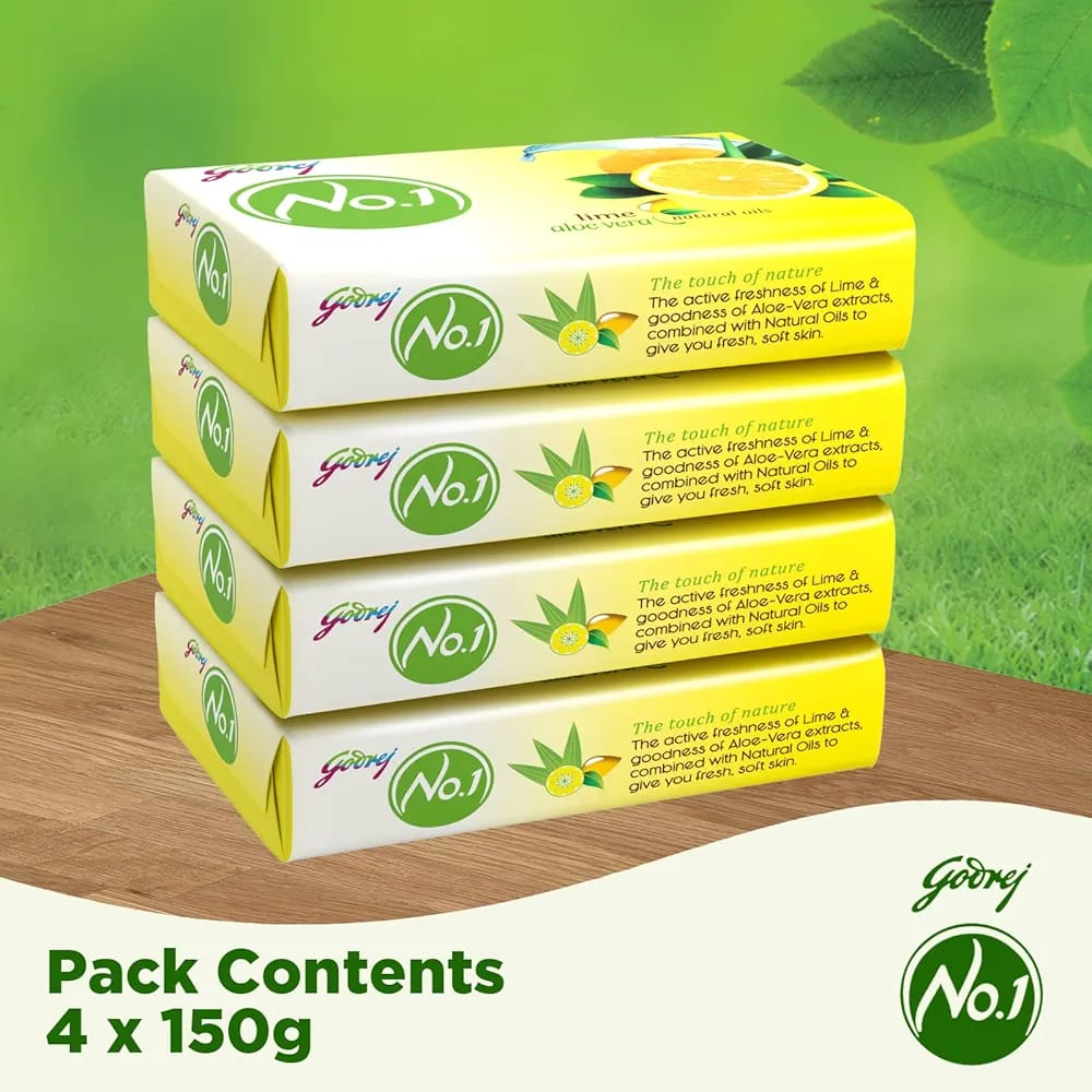 Godrej No. 1 Bathing Soap Lime & Aloe Vera – Grade 1 Soap & Long-lasting Fragrance, Combo Pack of 4+1 (100g each)
