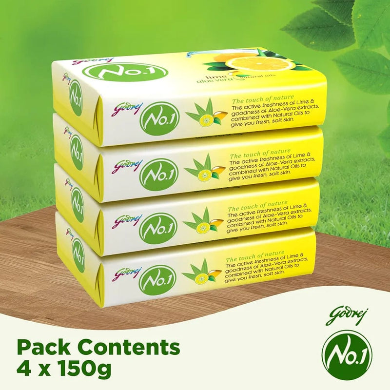Godrej No. 1 Bathing Soap Lime & Aloe Vera – Grade 1 Soap & Long-lasting Fragrance, Combo Pack of 4+1 (100g each)