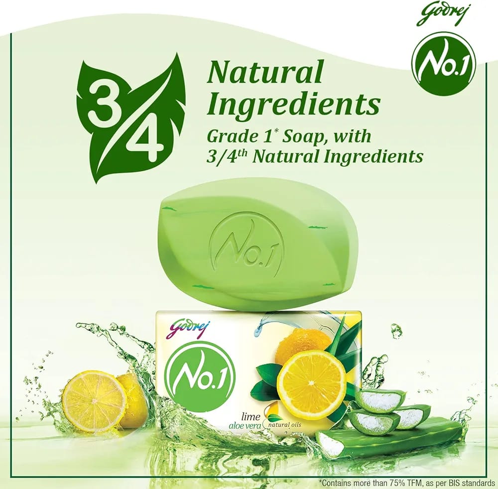 Godrej No. 1 Bathing Soap Lime & Aloe Vera – Grade 1 Soap & Long-lasting Fragrance, Combo Pack of 4+1 (100g each)