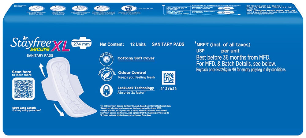 Stayfree Secure xl | Combo packs 12 Pads | Cottony Soft Sanitary Pads for Women | with Leak Lock Technology | Odour Control | Absorbs upto 100% Fluid | Up to 12 Hours of