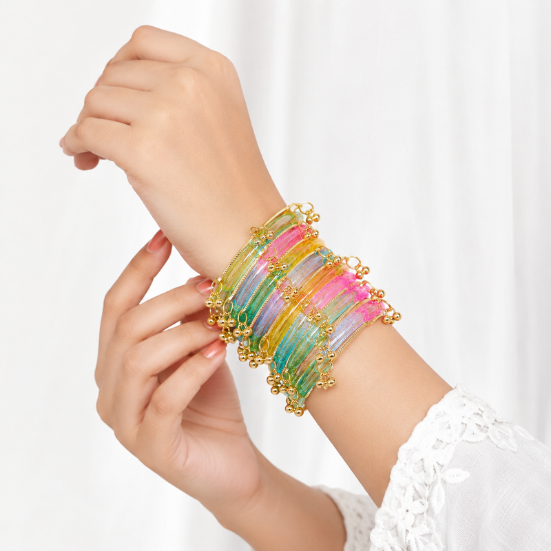 New Trending Multi Colour Jelly  Kashmiri Bangles Set with Golden Ghungroo✨