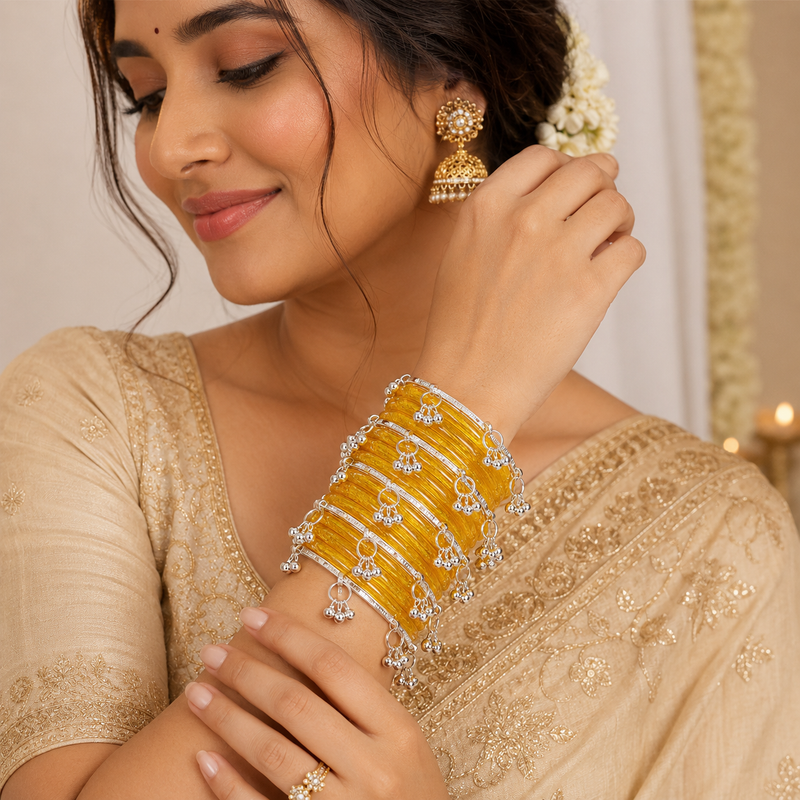 New Trending Yellow Jelly Bangles Set with Silver Ghungroo Set of 8 Pcs