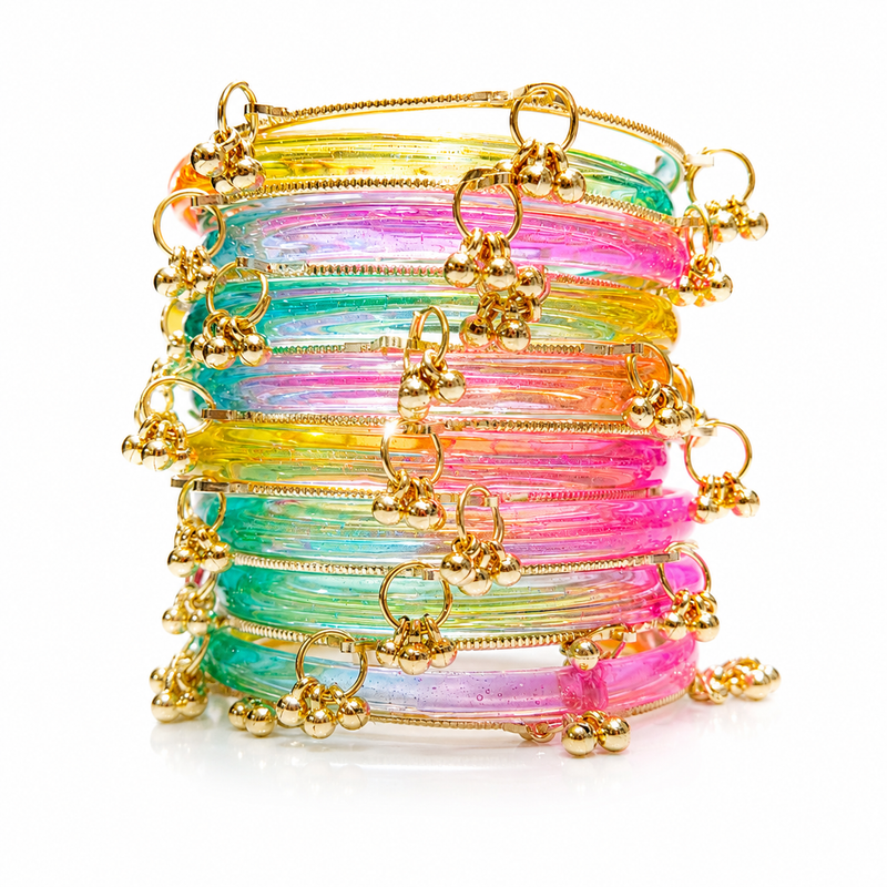 New Trending Multi Colour Jelly  Kashmiri Bangles Set with Golden Ghungroo✨