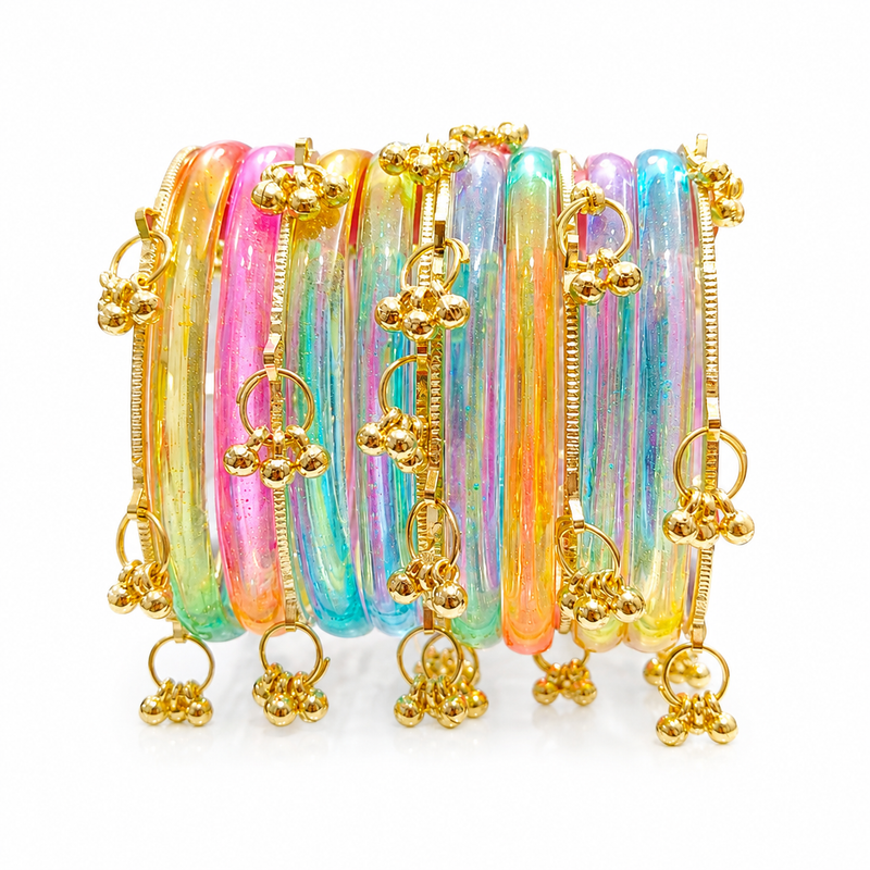 New Trending Multi Colour Jelly  Kashmiri Bangles Set with Golden Ghungroo✨