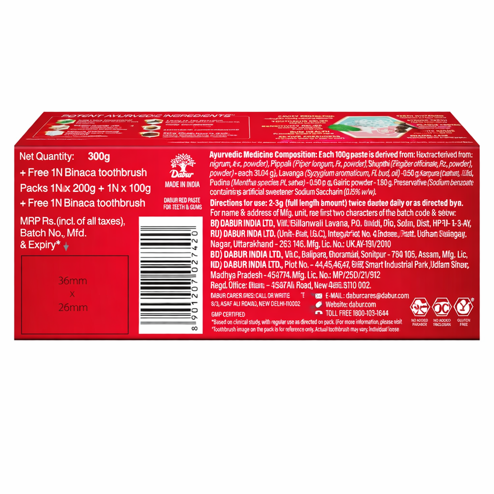 Dabur Red Paste - India's No.1 Ayurvedic Paste, Provides Protection Plaque Removal, Toothache, Yellow Teeth, Bad Breath-200+100g| Free toothbrush worth-40|