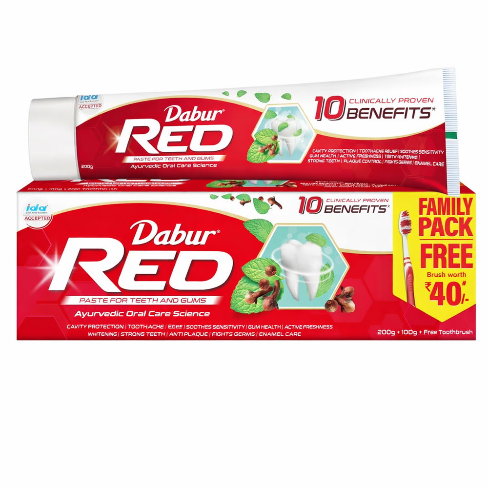 Dabur Red Paste - India's No.1 Ayurvedic Paste, Provides Protection Plaque Removal, Toothache, Yellow Teeth, Bad Breath-200+100g| Free toothbrush worth-40|