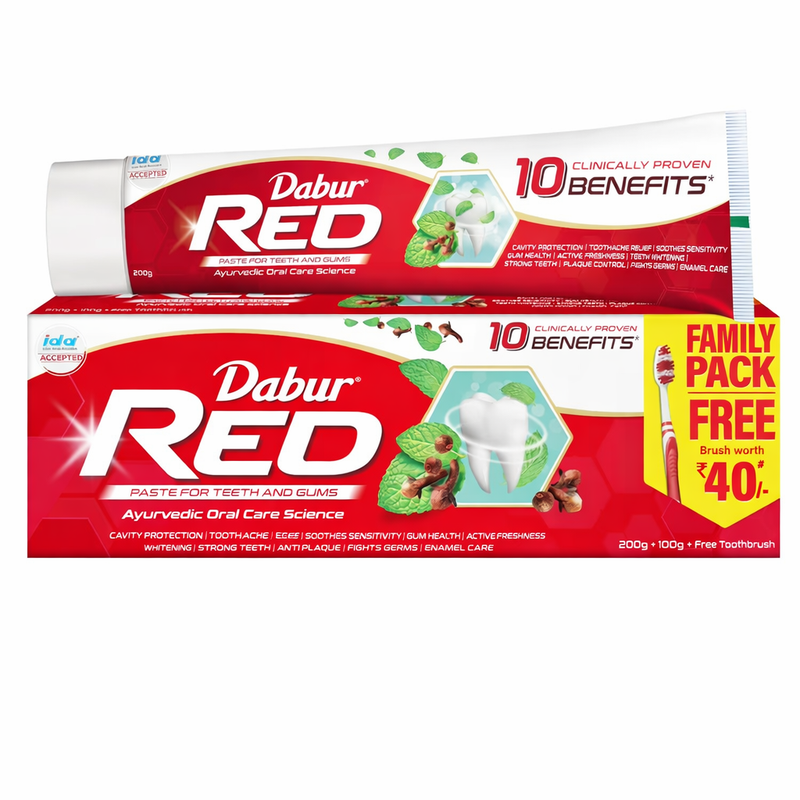 Dabur Red Paste - India's No.1 Ayurvedic Paste, Provides Protection Plaque Removal, Toothache, Yellow Teeth, Bad Breath-200+100g| Free toothbrush worth-40|