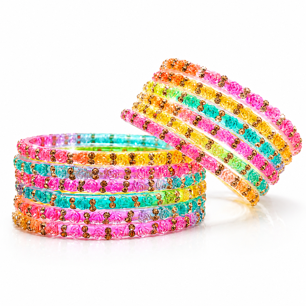 New Multi Colour Rose Design Bangles for Women and girls| (Set of 12)