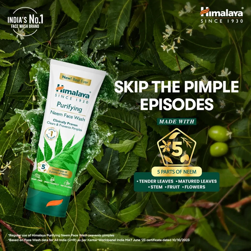 Himalaya Purifying Neem Face Wash|Pack of 2(50g*2)-100g |Clears and Prevents Pimples & Acne|Made with 5 parts of Neem|New & Best Ever clinically Proven formula||For men and women|