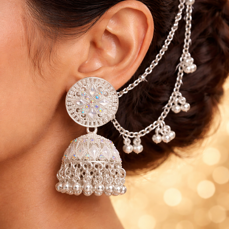 Luxury Anti-Tarnish Crystal Jhumka Earrings – Silver Ethnic Design