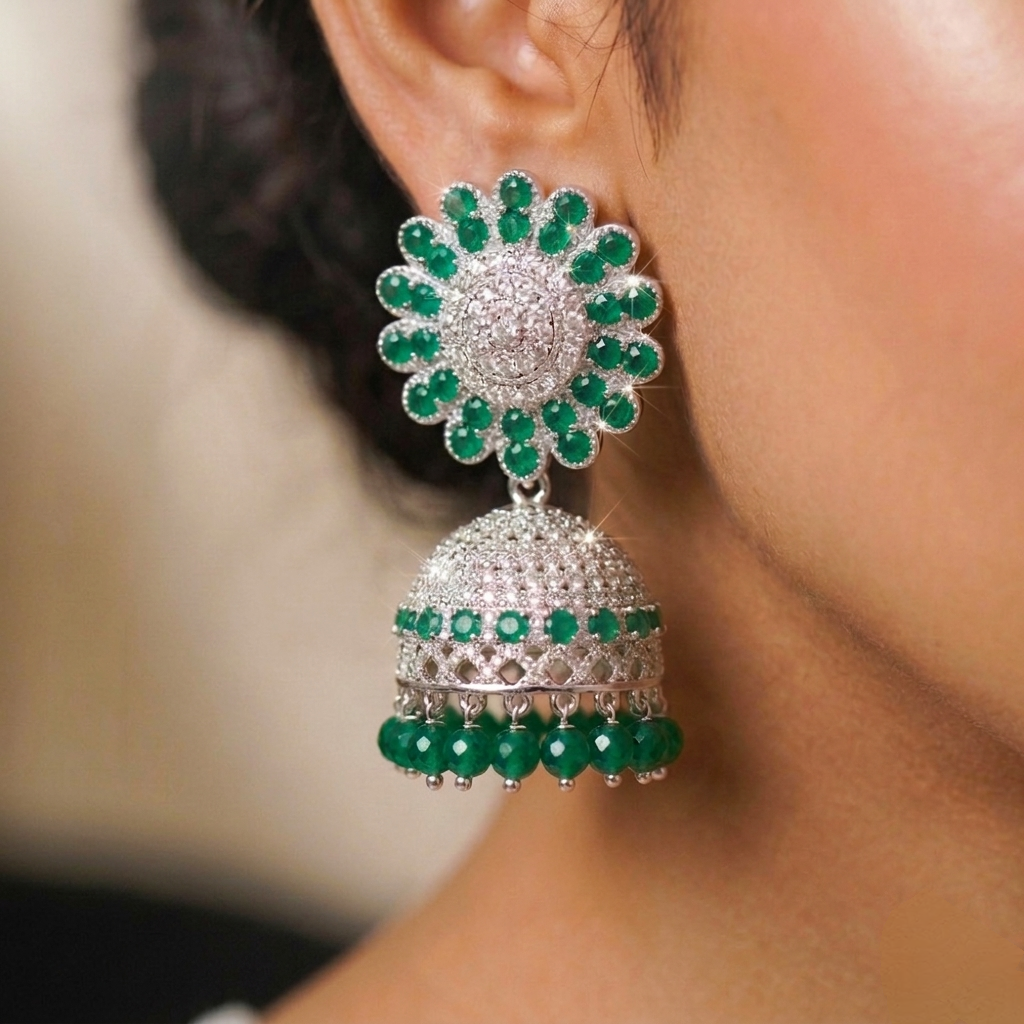 Anti-Tarnish Green Crystal   Jhumka & Maang Tikka Set