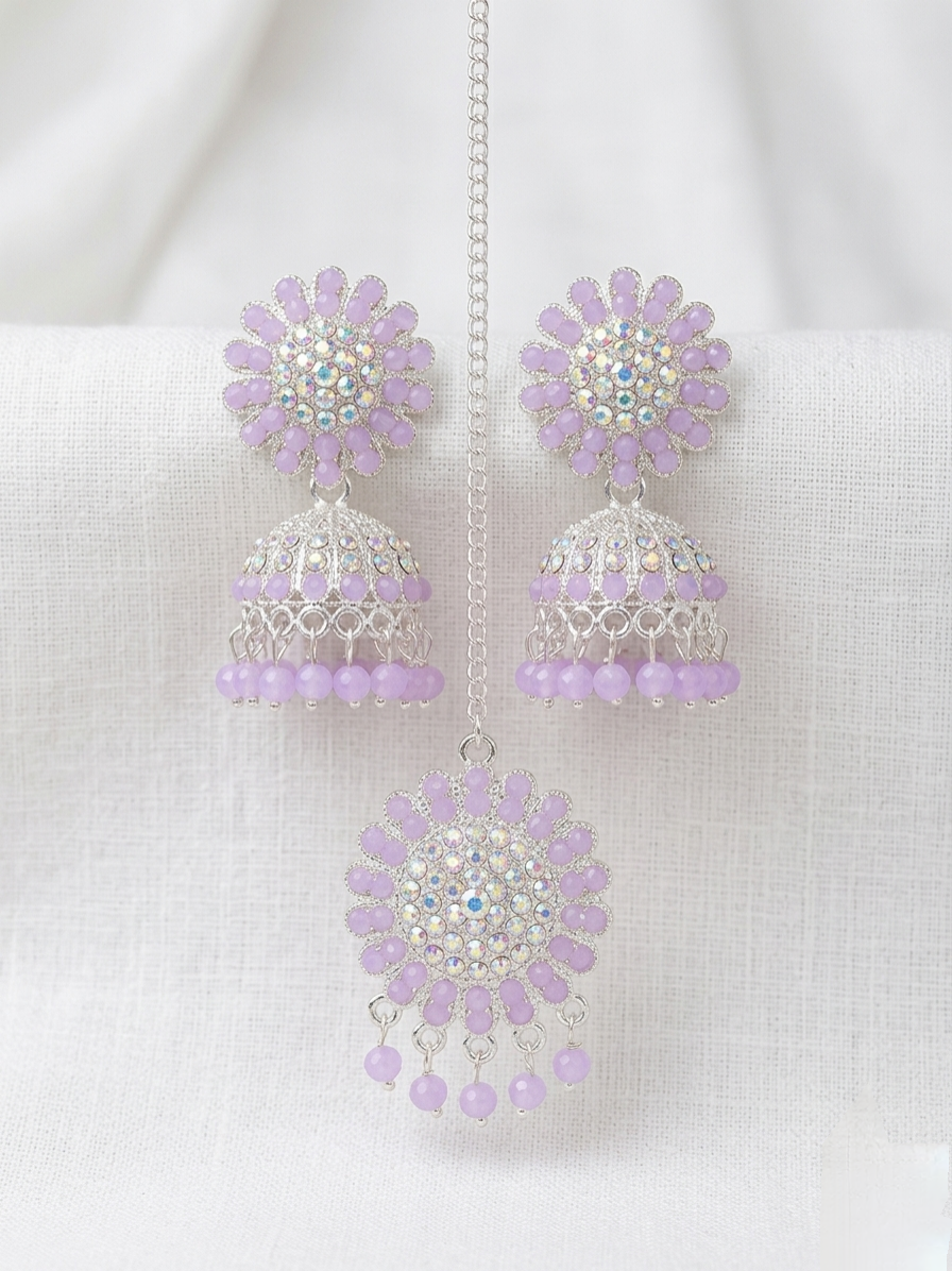 Pastel Purple Anti-Tarnish Earrings & Maang Tikka Set