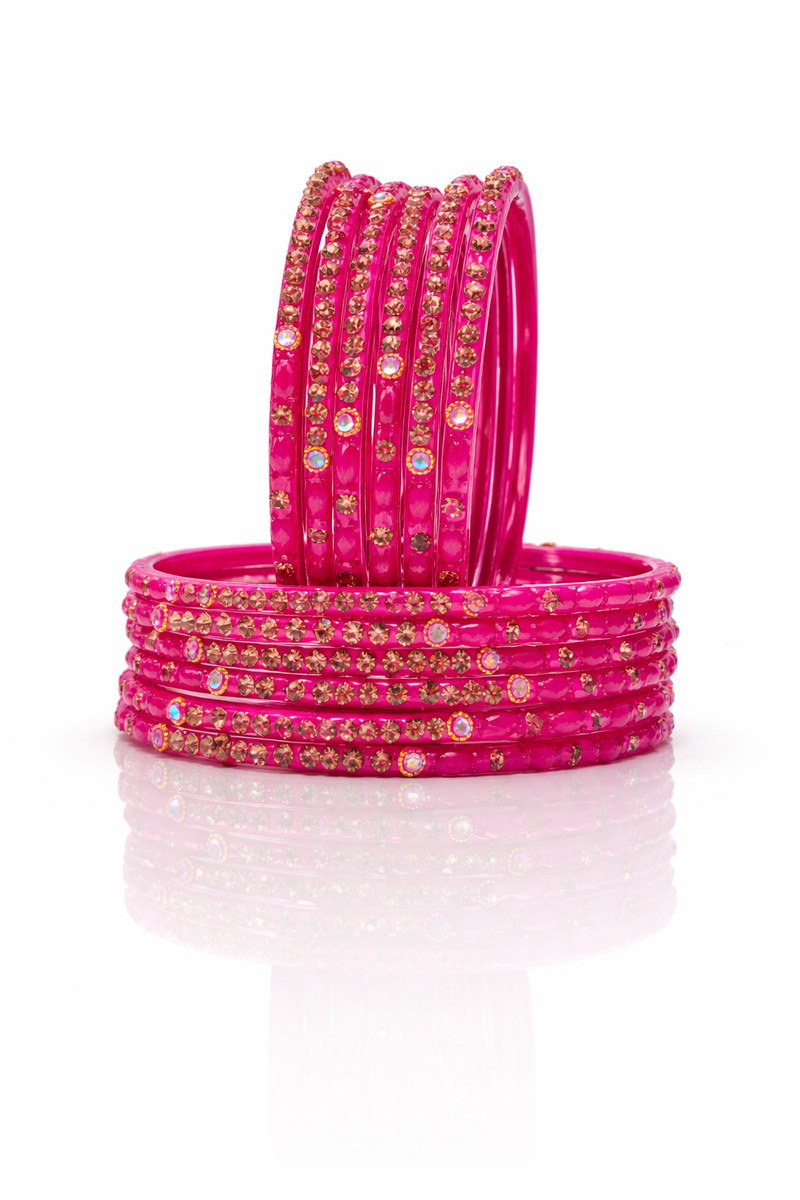 Rani Pink Rhinestone Designer Bangles Set – Stylish Ethnic Jewellery (set of 12)