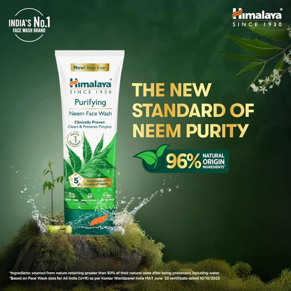 Himalaya Purifying Neem Face Wash|Pack of 2(50g*2)-100g |Clears and Prevents Pimples & Acne|Made with 5 parts of Neem|New & Best Ever clinically Proven formula||For men and women|