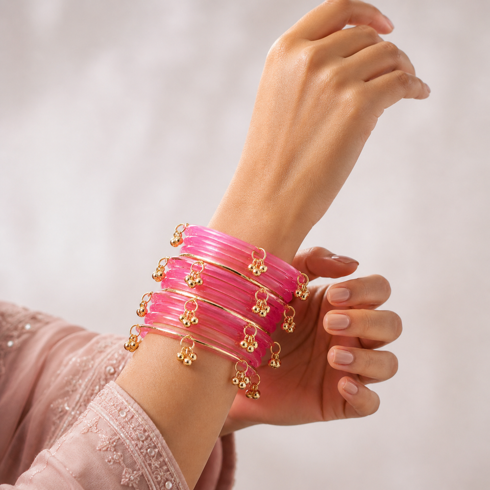 Soft Pink Jelly Kashmiri bangles golden Charms – Beautiful Ethnic (Set of 24)