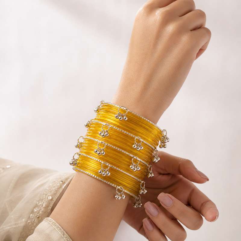 Stylish Golden Transparent Bangles with Silver Ghungroo Design – Trendy Kashmiri Chudi Set