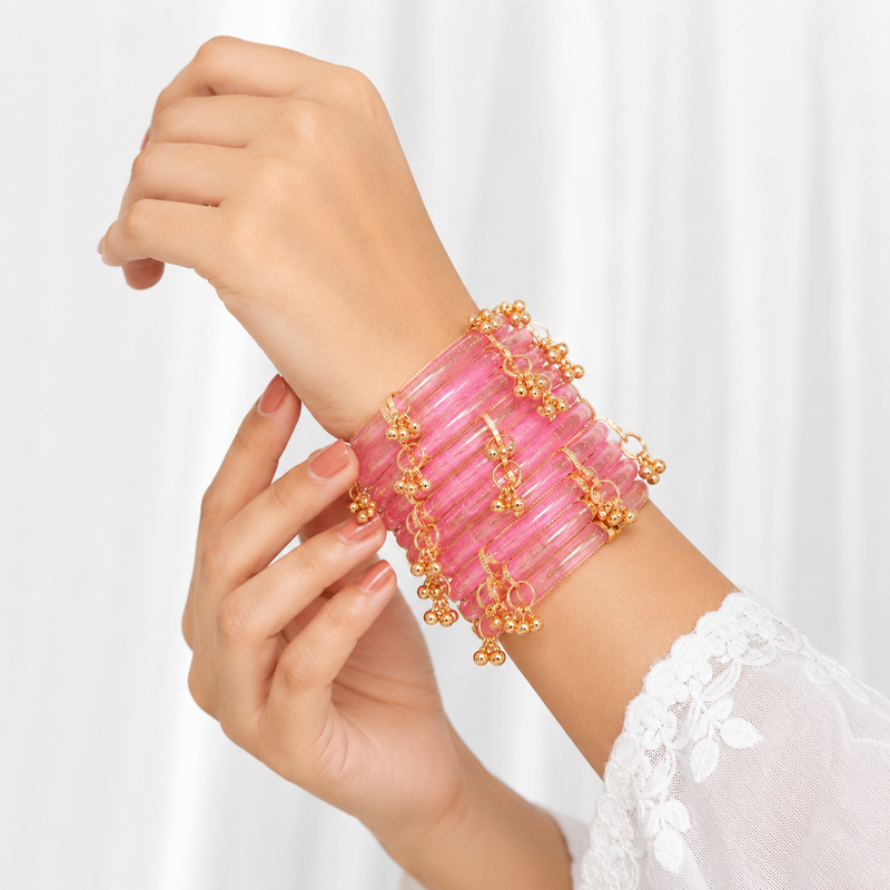 New Trending Pink Jelly Bangles Set with Golden Ghungroo Charms for Women & Girls (set of 8 pcs)