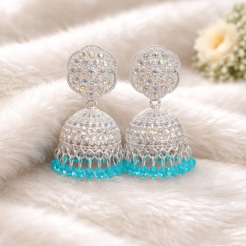 Luxury Anti-Tarnish Silver Jhumka with Sea Green Drop Accents ✨