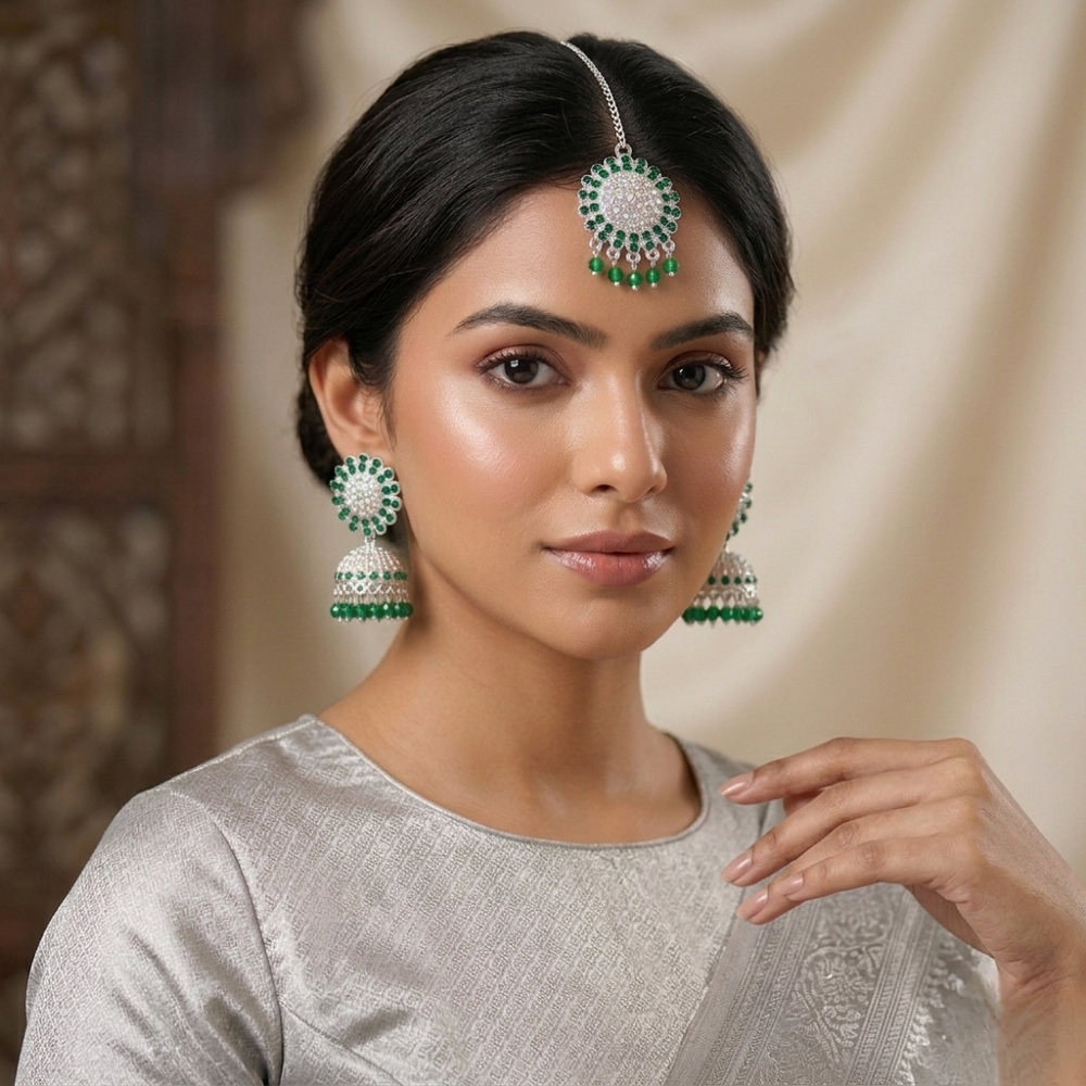 Anti-Tarnish Green Crystal   Jhumka & Maang Tikka Set