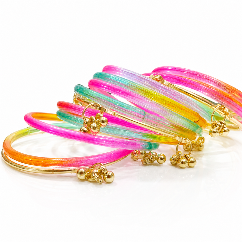 Multi Colour Jelly Kashmiri Bangles Set with Gold Charms Stylish (Set of 24)