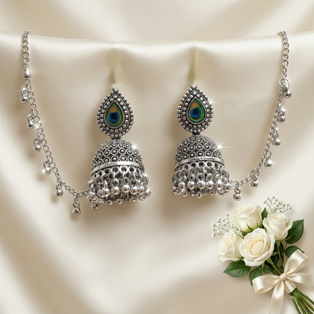 Anti-Tarnish Peacock Design Jhumka Earrings with Lari Chain✨
