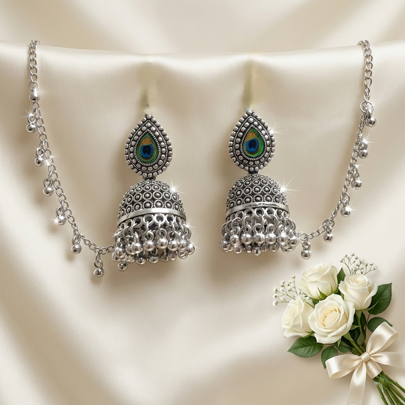 Anti-Tarnish Peacock Design Jhumka Earrings with Lari Chain✨