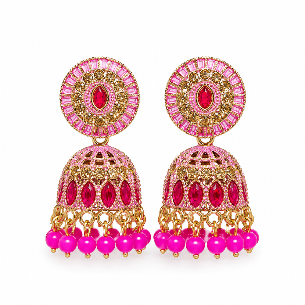 Anti Tarnish Pink Stone Jhumka Earrings-