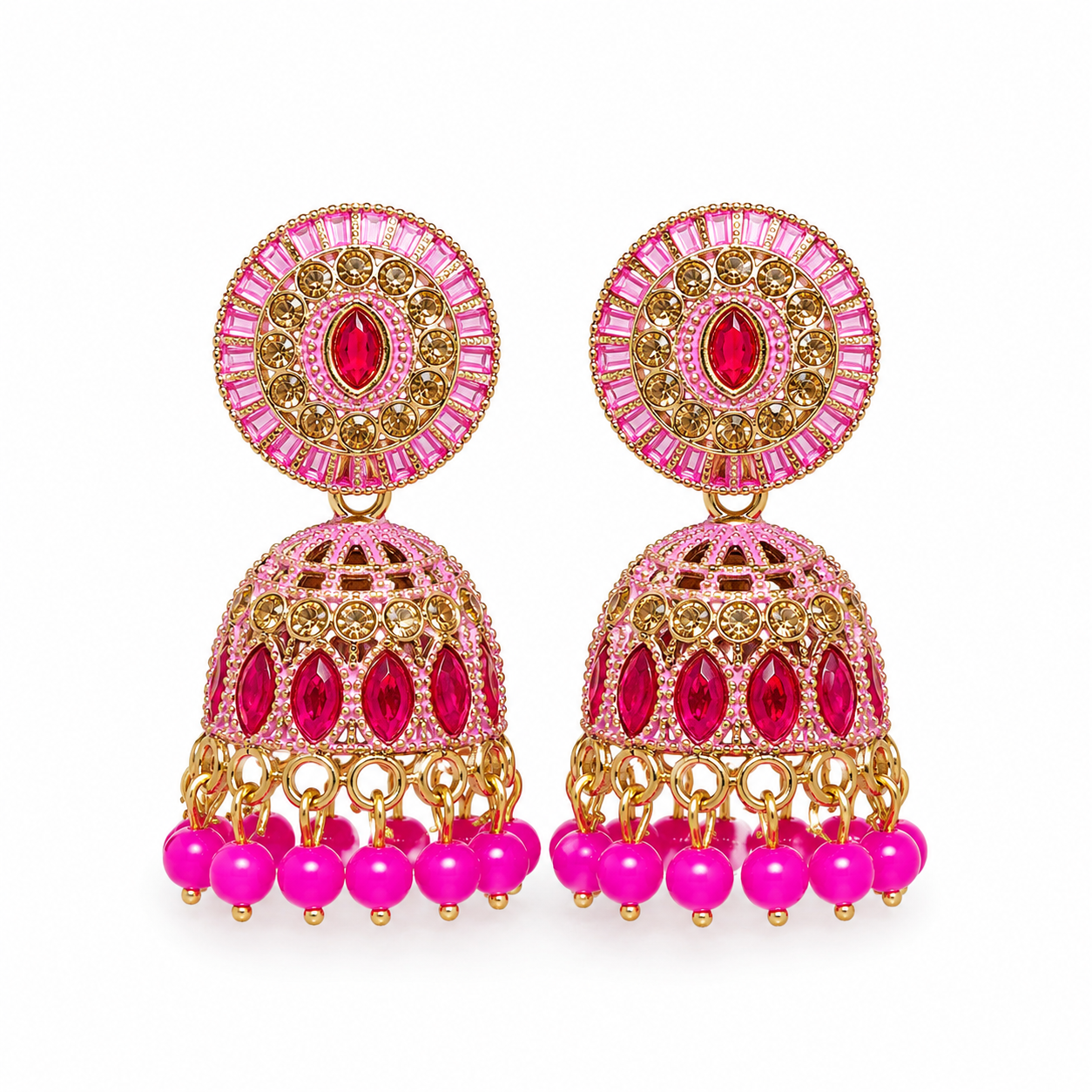 Anti Tarnish Pink Stone Jhumka Earrings-