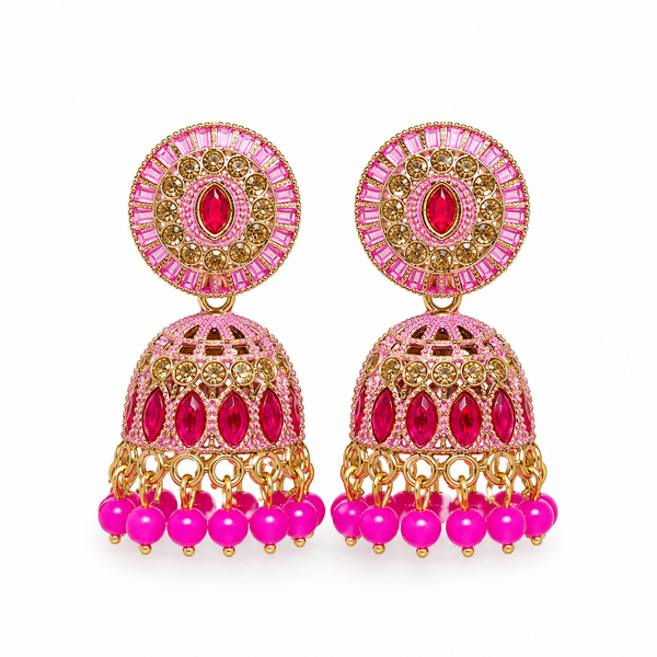 Anti Tarnish Pink Stone Jhumka Earrings-