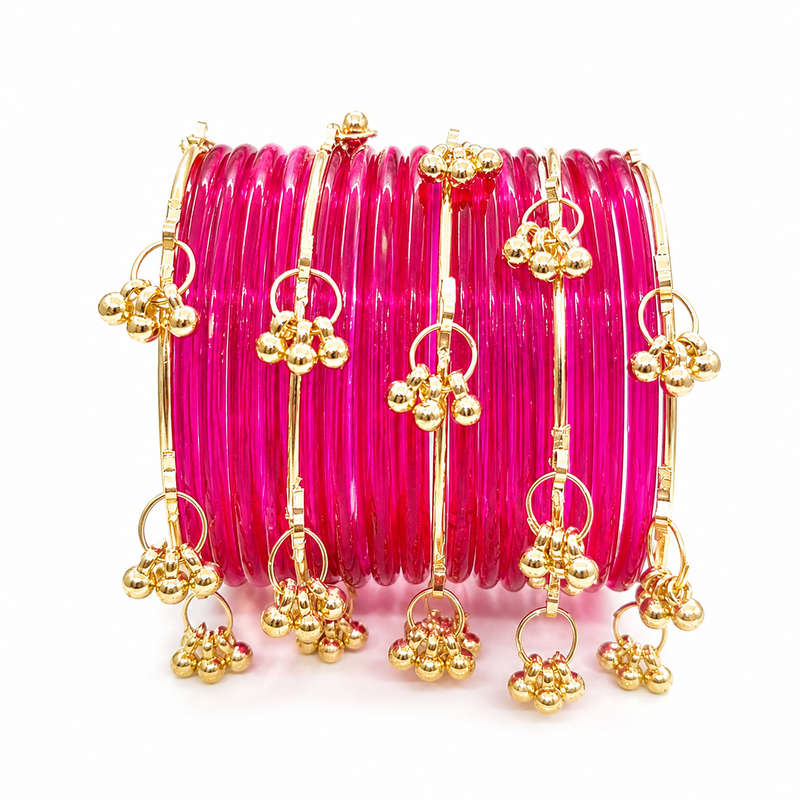 Trendy Jelly Glass Bangles Set with Kashmiri Golden Ghungroo – Set of 24Pcs