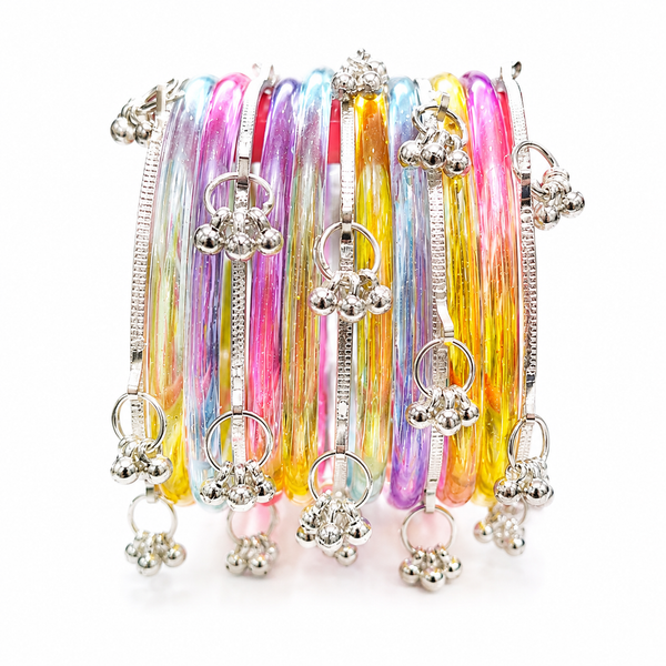 Multicolor Jelly Bangles with Silver Kashmiri Bangles Set of 8 Pcs