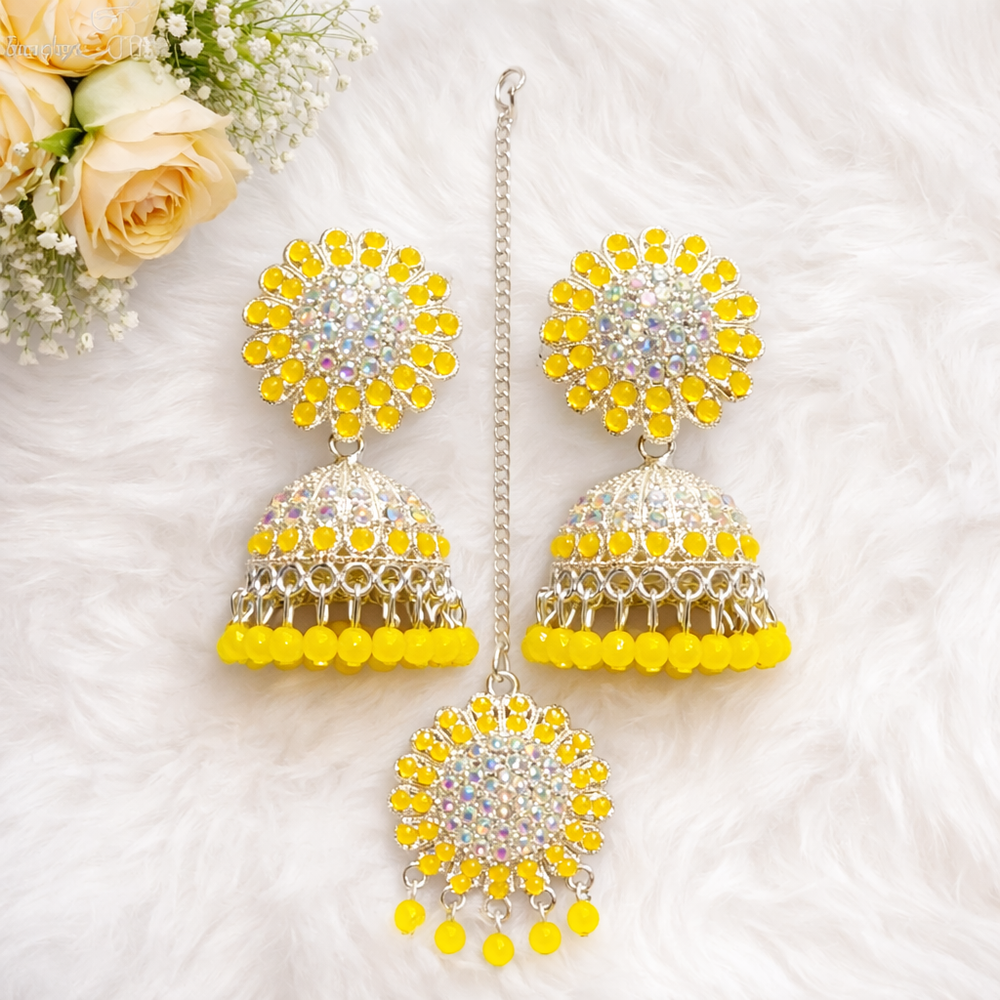 Anti-Tarnish Yellow Jhumka & Maang Tikka Set with Stones