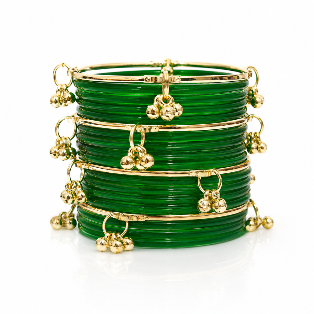 Sawan Special Green Glass Bangles with Kashmiri Ghungroo Bangles – Set of 32 Pcs