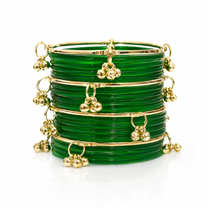 Sawan Special Green Glass Bangles with Kashmiri Ghungroo Bangles – Set of 32 Pcs