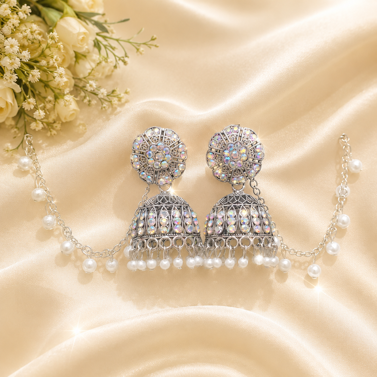 Anti Tarnish Silver Stone Jhumka Earrings with Pearl Chain Design✨
