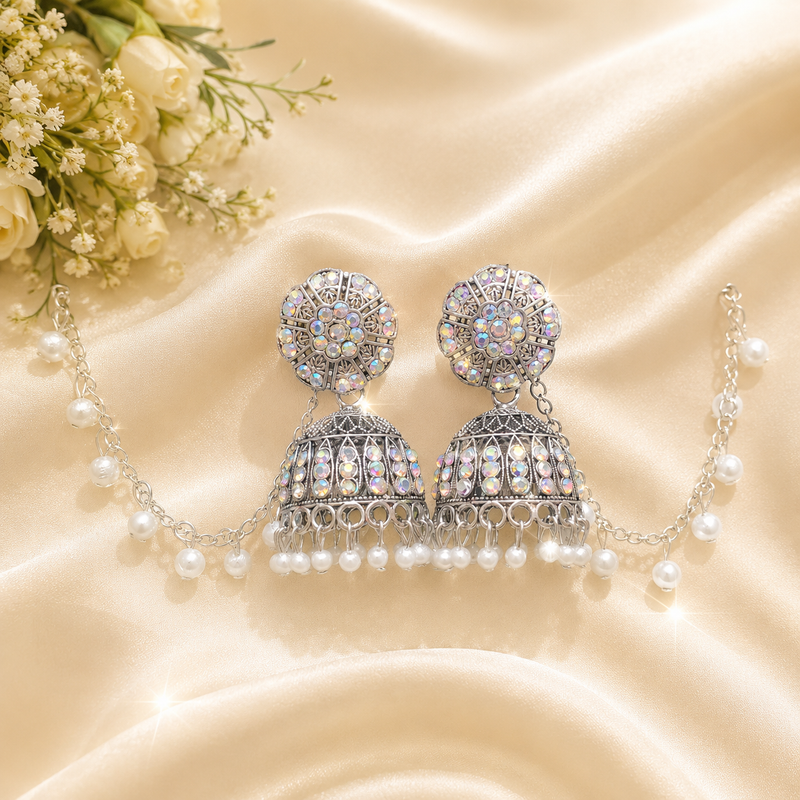 Anti Tarnish Silver Stone Jhumka Earrings with Pearl Chain Design✨