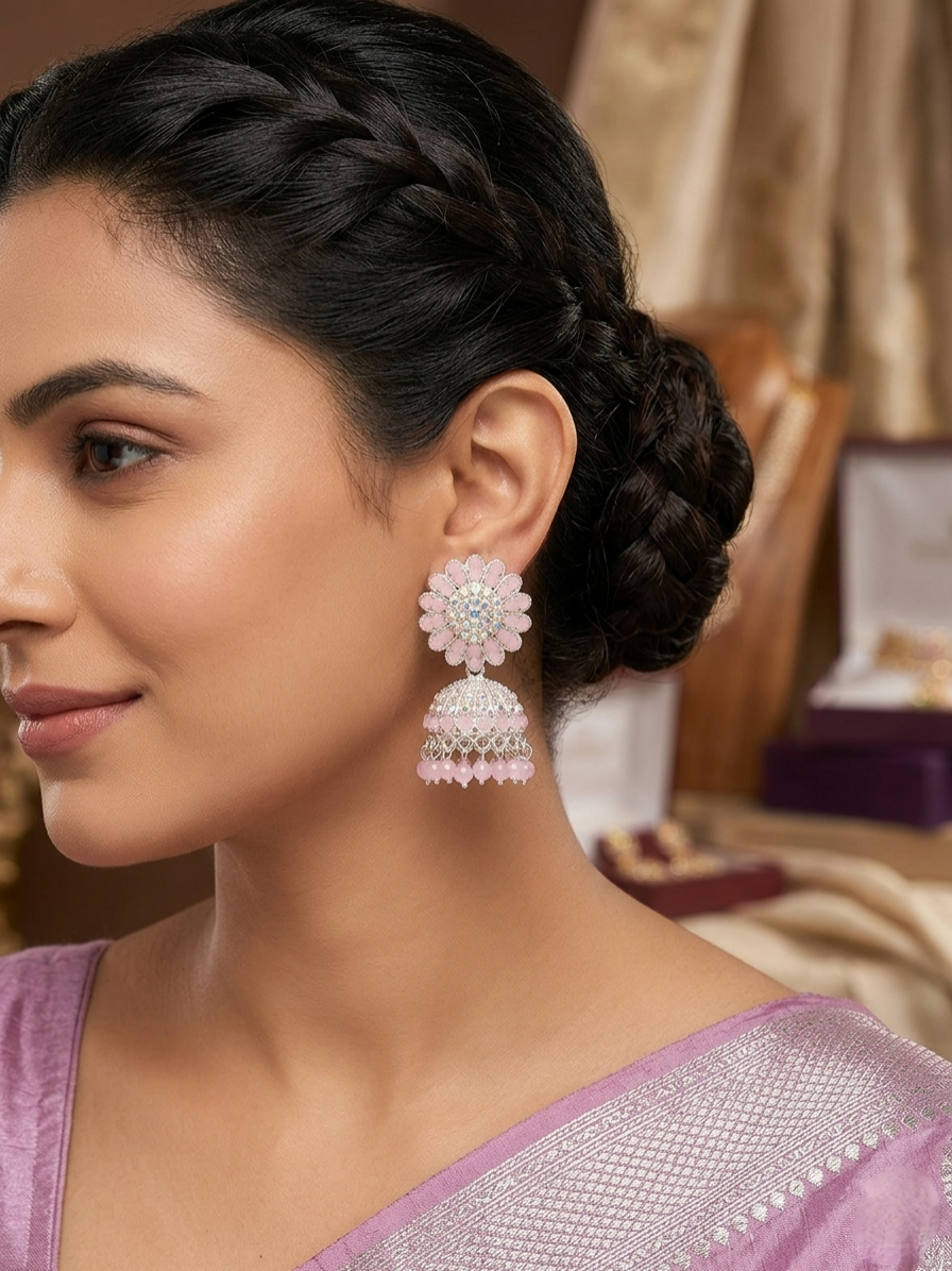 Baby Pink Crystal Anti-Tarnish Ethnic Jhumka Combo with Maang Tikka set✨