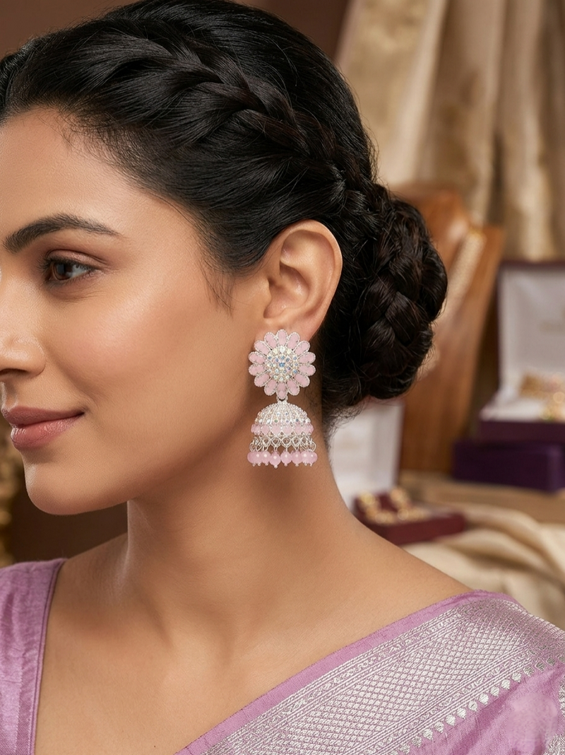 Baby Pink Crystal Anti-Tarnish Ethnic Jhumka Combo with Maang Tikka set✨