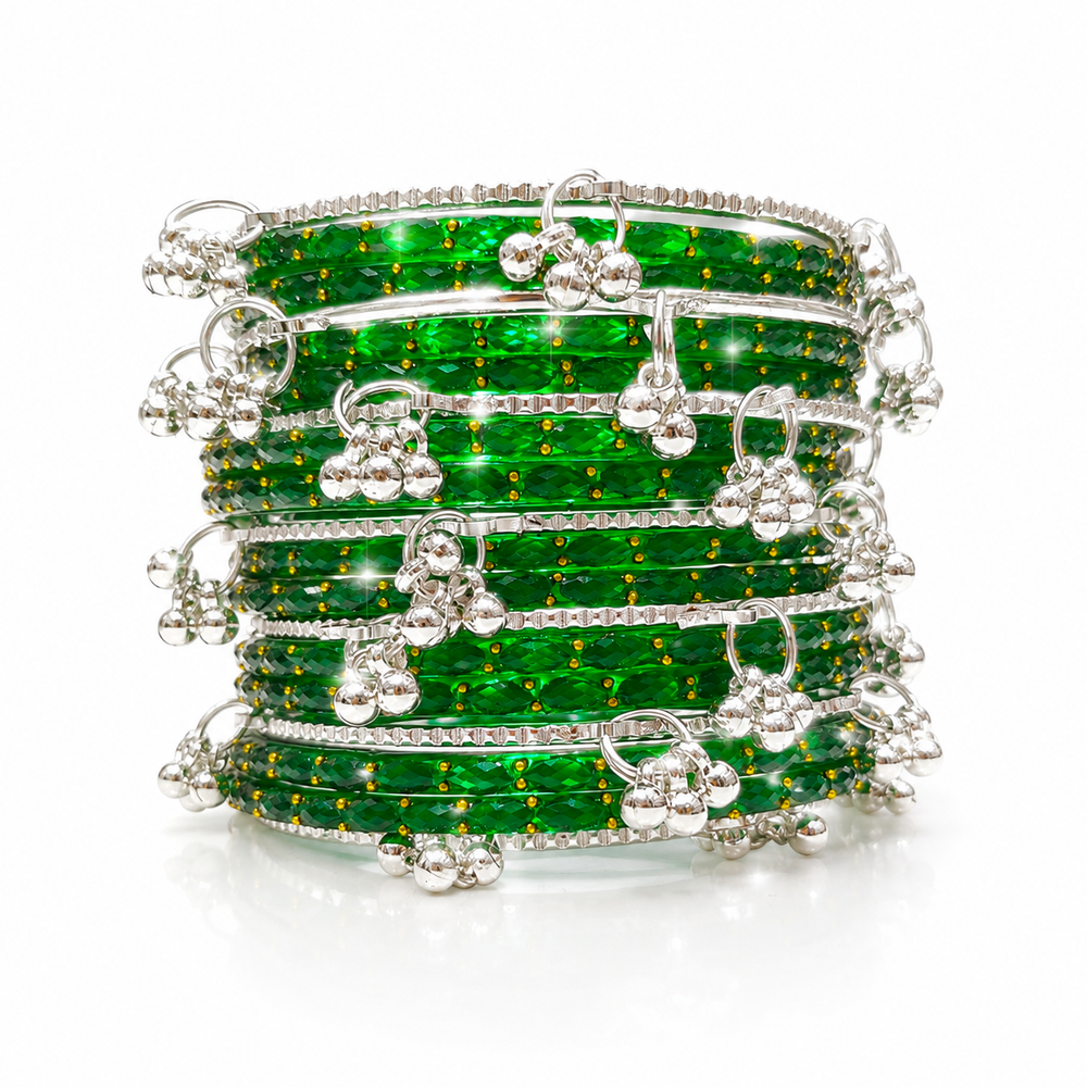 Green Raindrop Bangles with Kashmiri Silver Bangles Set for Women – 20 Pcs