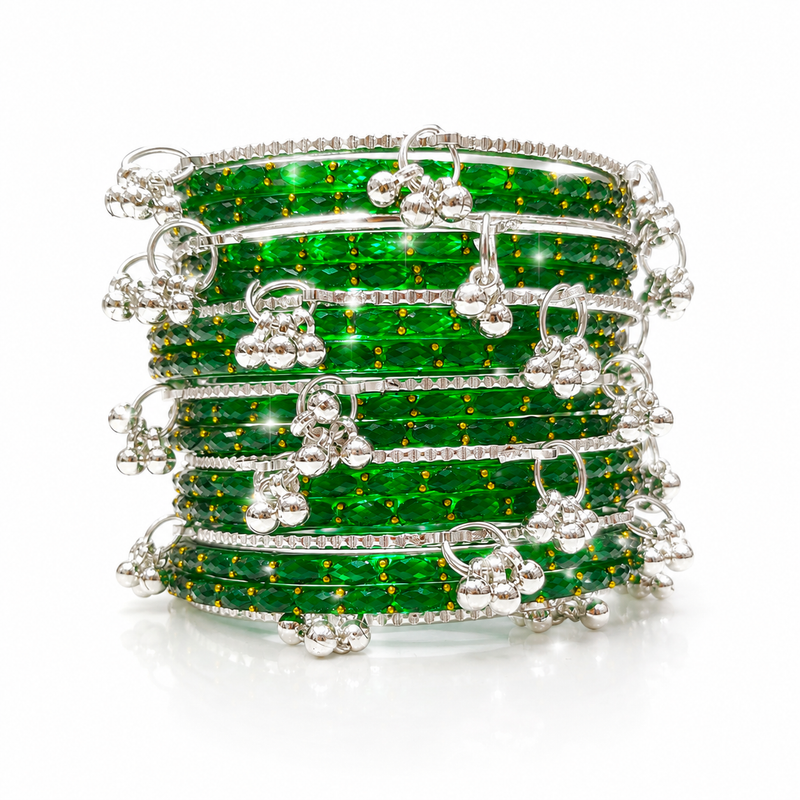 Green Raindrop Bangles with Kashmiri Silver Bangles Set for Women – 20 Pcs