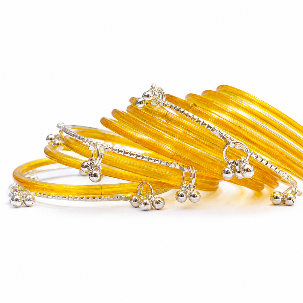 Stylish Golden Transparent Bangles with Silver Ghungroo Design – Trendy Kashmiri Chudi Set