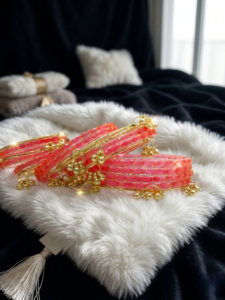 Kashmir Gajari Colour Bangles with Gold Tone Ghungroo Charms |