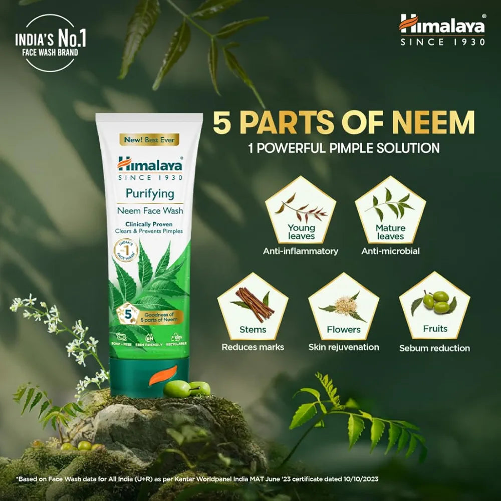 Himalaya Purifying Neem Face Wash|Pack of 2(50g*2)-100g |Clears and Prevents Pimples & Acne|Made with 5 parts of Neem|New & Best Ever clinically Proven formula||For men and women|