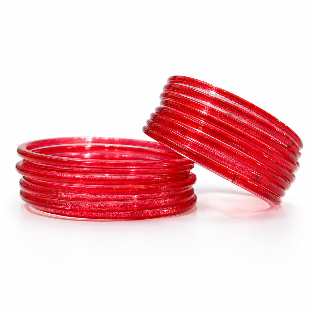 Trendy Transparent Jelly Bangles Set of 24 – Glossy Designer Stack – Red