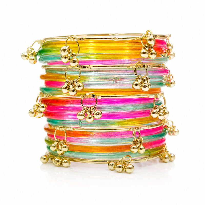 Multi Colour Jelly Kashmiri Bangles Set with Gold Charms Stylish (Set of 24)