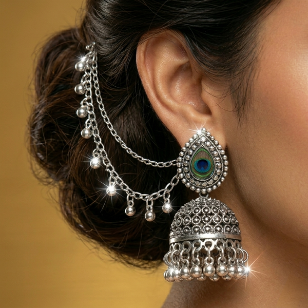 Anti-Tarnish Peacock Design Jhumka Earrings with Lari Chain✨
