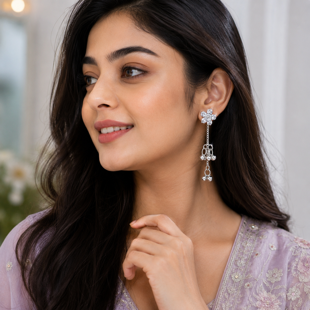 Kashmiri Cute Silver Tone Flower Dangling Earrings✨